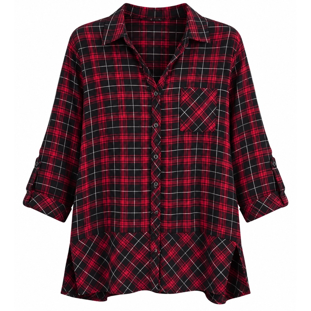 J. Jill NWT Red Black Plaid Cotton Tunic Shirt 3X Plus Size Long Sleeve Roll Tab